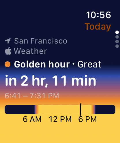 The Apple Watch app counting down to golden hour, rated Great, in 2 hours and 11 minutes, above a bar of the day's light.