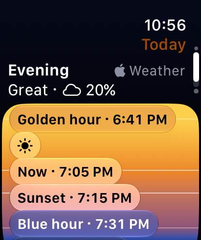 The evening card, rated Great under 20% cloud: golden hour at 6:41 PM, now 7:05 PM, sunset at 7:15 PM and blue hour at 7:31 PM over the evening's sky.