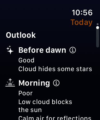 The outlook card: before dawn Good, as cloud hides some stars, and morning Poor, as low cloud blocks the sun.