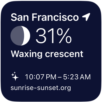 A small widget with a 31% waxing crescent moon and tonight's dark sky from 10:07 PM to 5:23 AM.