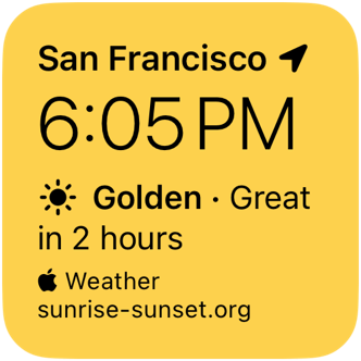 A small widget with golden hour, rated Great, starting at 6:05 PM in 2 hours.