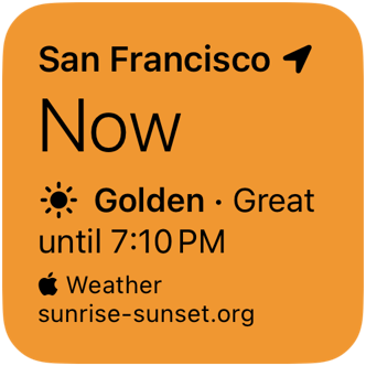 A small widget during golden hour, rated Great, until 7:10 PM.