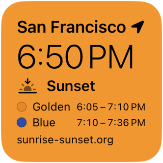A small widget with sunset at 6:50 PM, and the golden and blue hours around it.